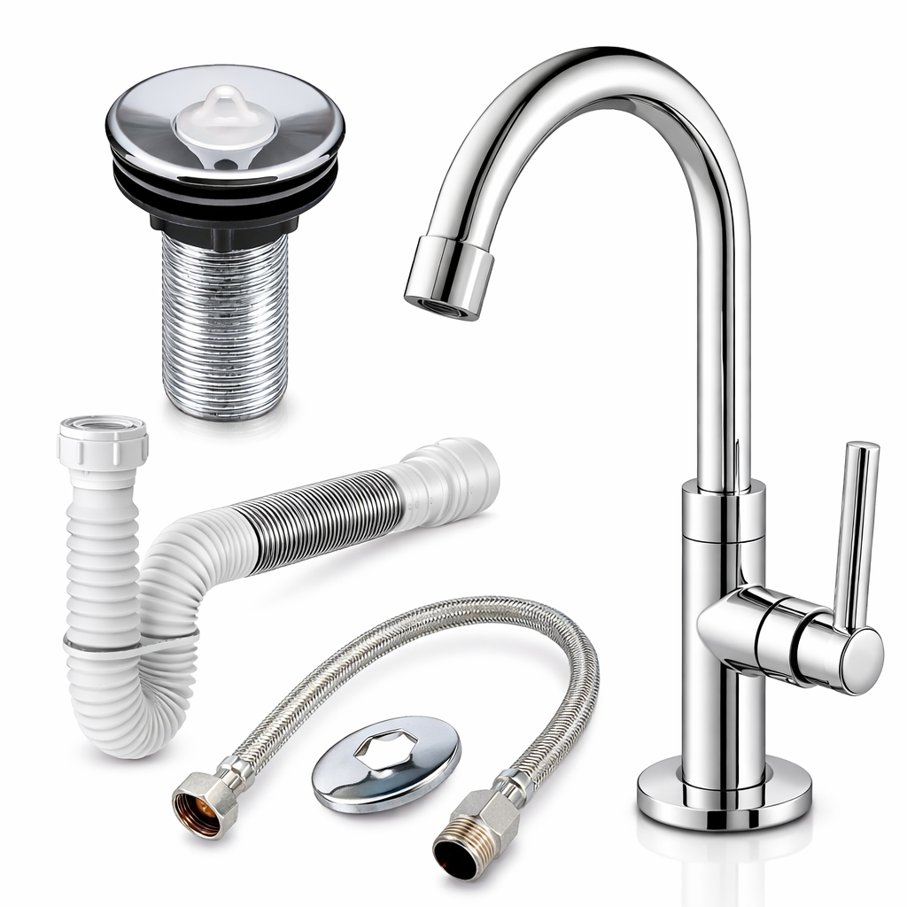 Kit Torneira Lavatório Banheiro Cromada + Válvula 7/8 Lavabo + Sifão Universal Completo + Engate Flexível 40 Cm
