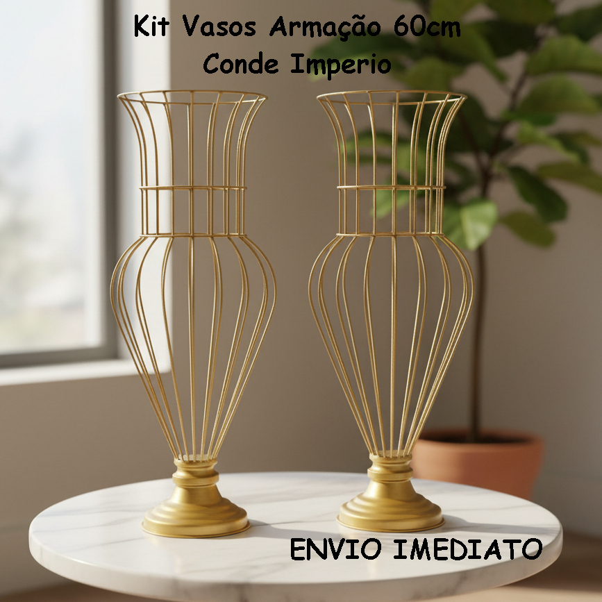 Kit 2 Vasos Dourado Armação Aramado Para Pedrarias Decoração Luxo Festa Casamento Jarros Conde Imperio 60cm