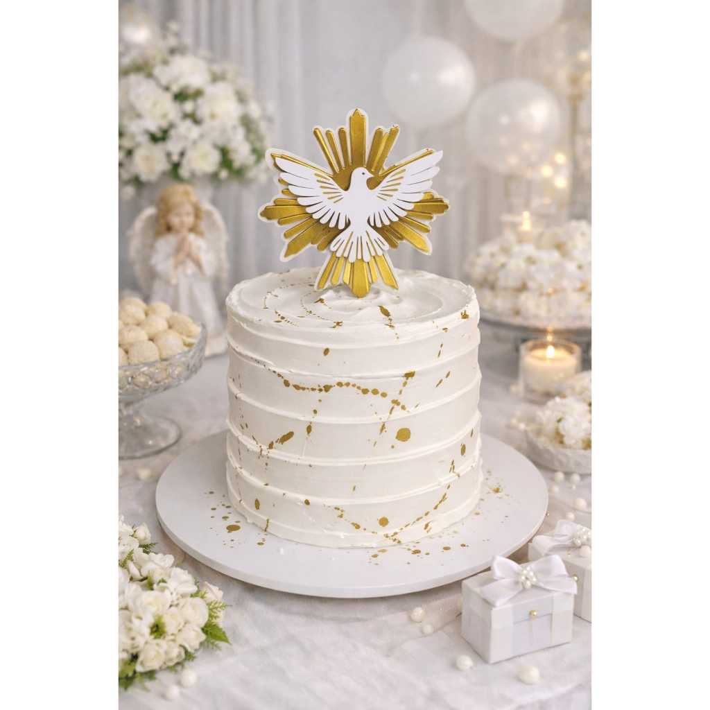 Topo de Bolo Espírito Santo Dourado | Topper Primeira Comunhão Batizado Crisma | Decoração Religiosa Branco e Dourado
