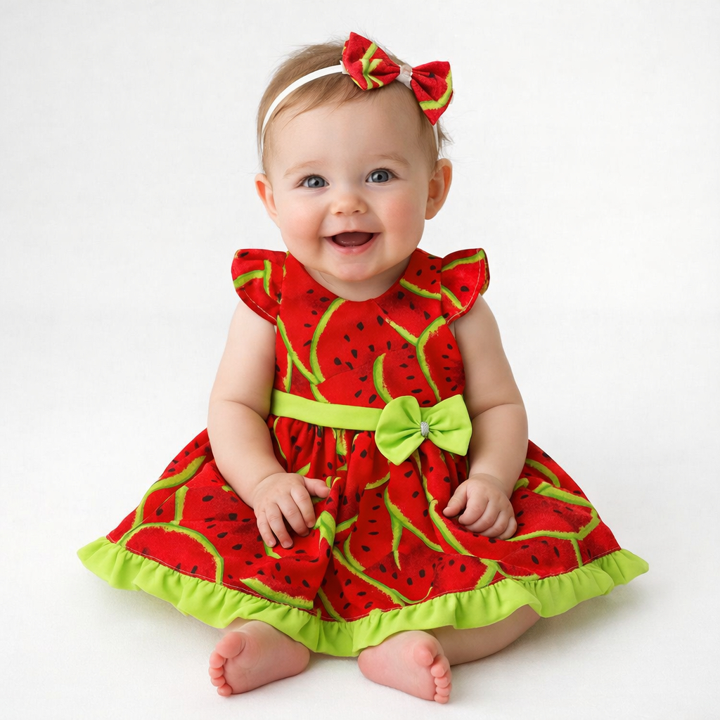 Vestido Curto Luxo Estampado Melancia Magali Para Bebê Menina Festas Casamento