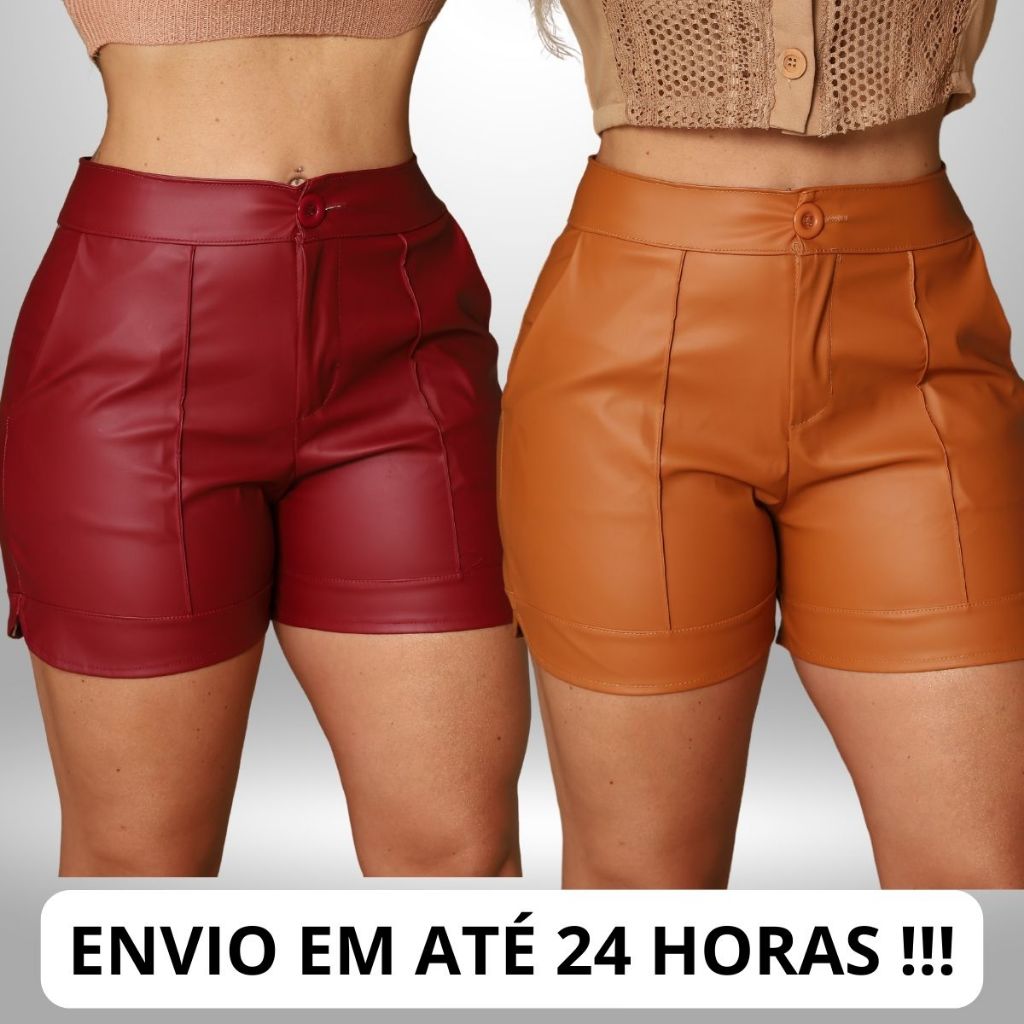 Short Courino Feminino Elegante Cintura Alta com Bolsos Botão e Zíper P ao G2