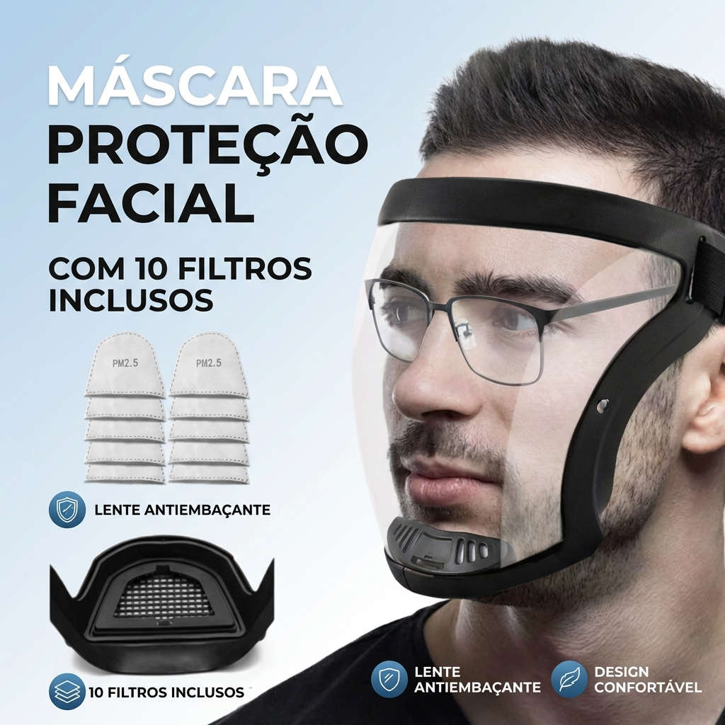 Máscara Protetora Facial Tamanho Grande Anti Poeira Com 10 Filtros PM 2.5 Para Saúde Respiratória