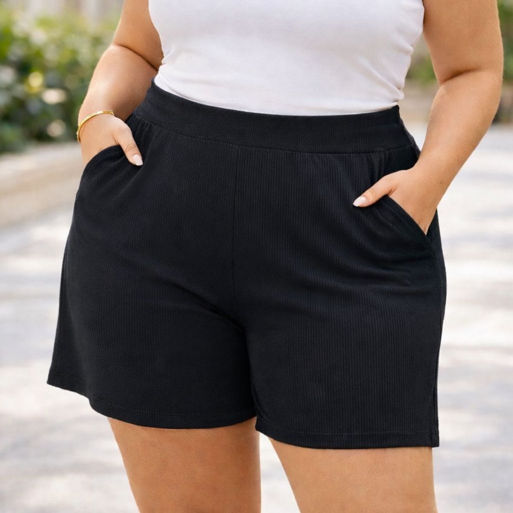 Short Plus Size Preto Cintura Alta Com Bolsos Feminino Acima do Joelho Moda Conforto em Oferta na Shopee