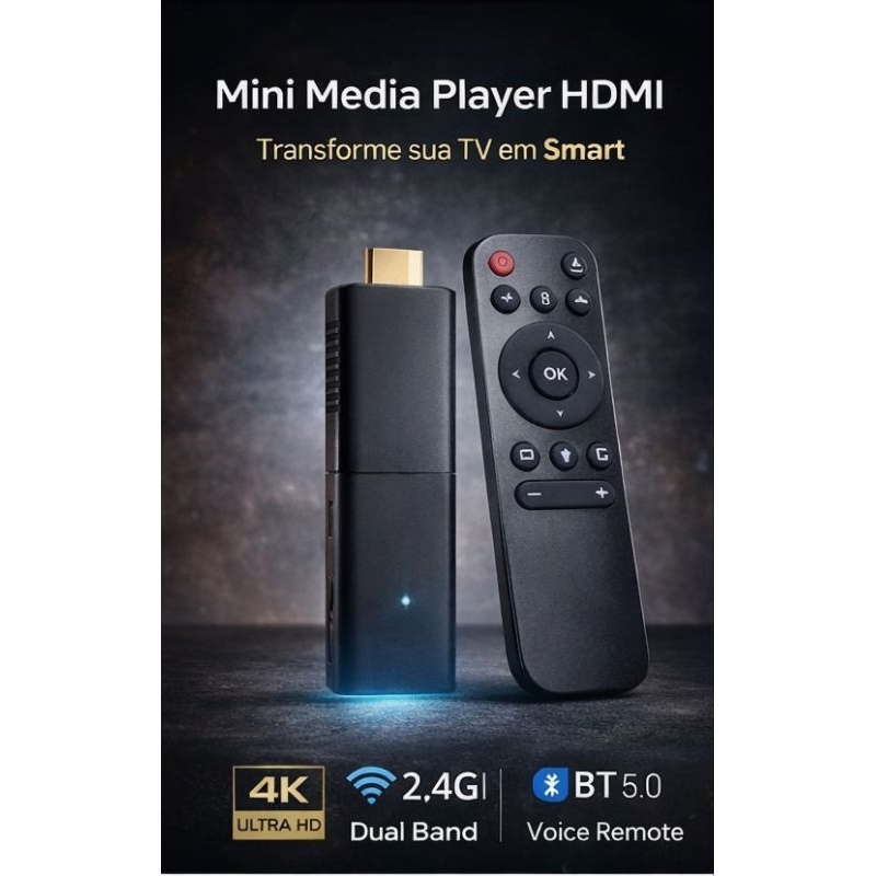 Smart TV Media Player 4K HDMI | Transforma TV em Smart | Wi-Fi + Controle