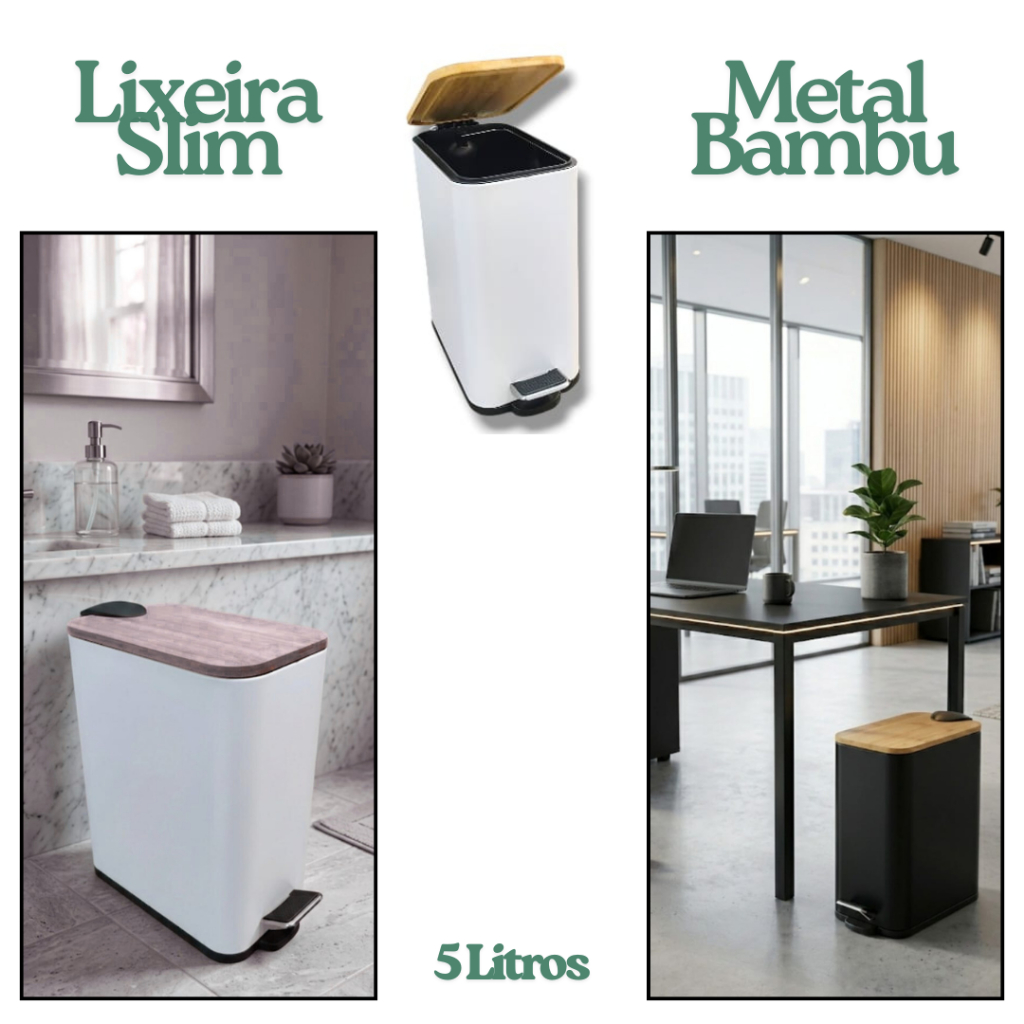 Lixeira Metal Slin Tampa Bambu Fechamento Soft 5 Litros Pedal Amortecedor na Tampa Cesto Removível Fina Pouco Espaço
