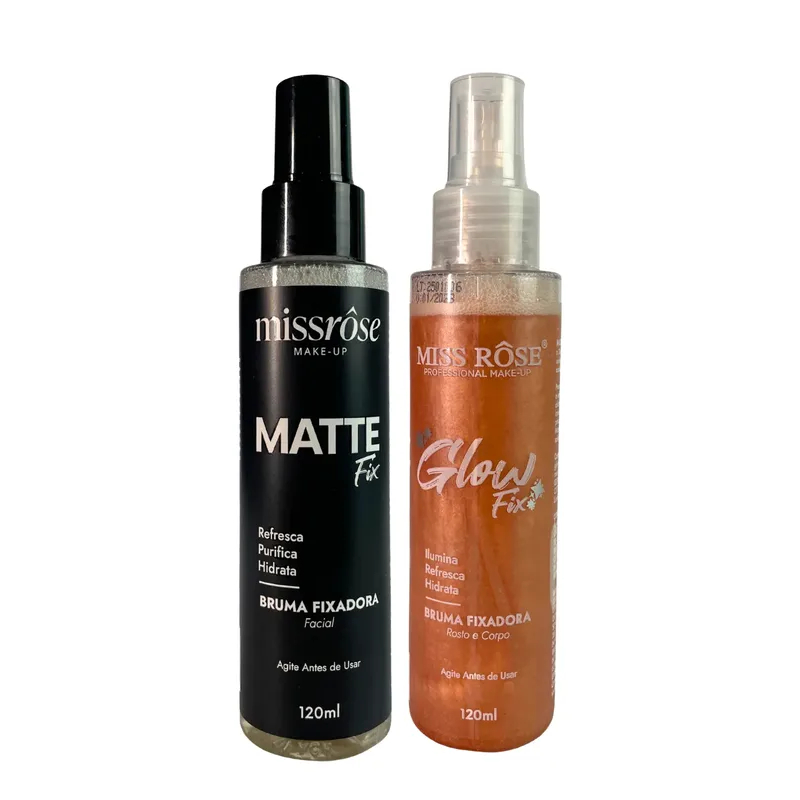 Bruma Matte Fix e Glow Fix 120ml  Miss Rose Ilumina e Fixa maquiagem mais resistente efeito salão