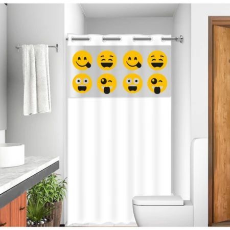 Cortina De Box Banheiro Emoji Com Visor Transparente Antimofo 100% Em PVC Resistente