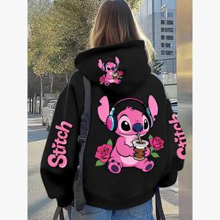 moletom de frio estampado stitch desenho feminino com capuz agasalho inverno jaqueta canguru alta qualidade macio básico