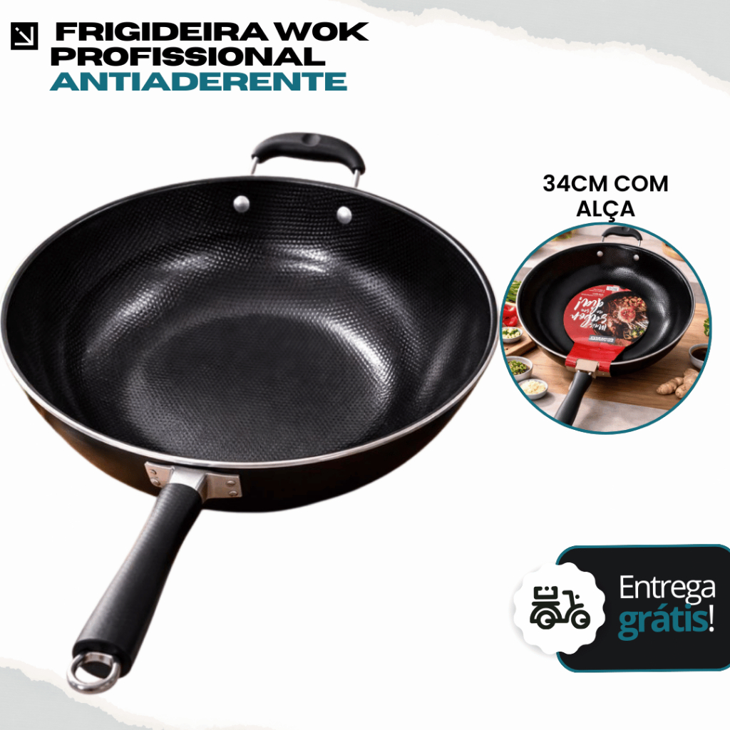 Imagem Frigideira Wok Profissional Antiaderente 34cm com Alça | Preta