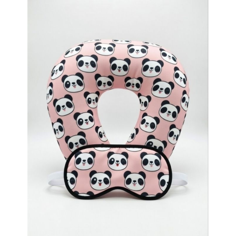 Kit Viagem Panda Rosa Almofada de Pescoço Com Botão e Zíper Tactel + Máscara de Dormir