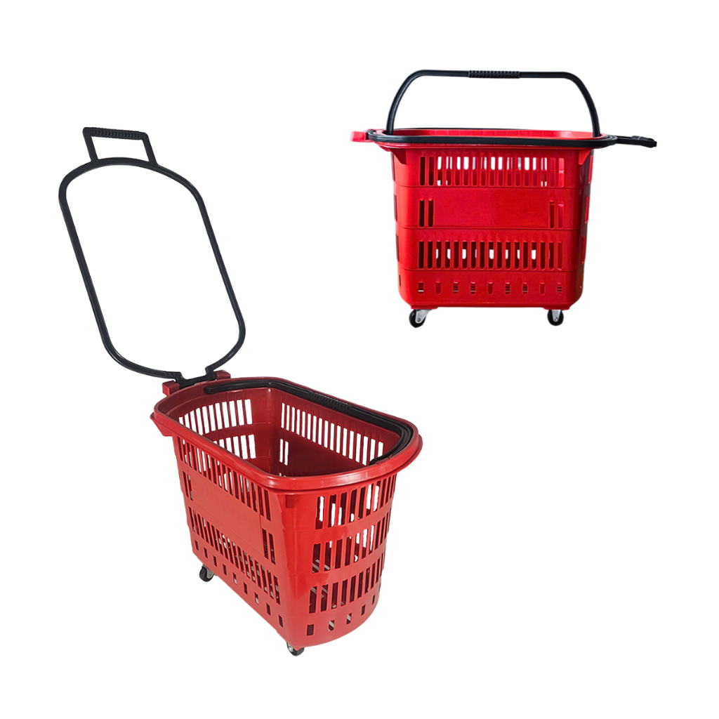Cesta de Compras com Rodinha Supermercado 30 Litros Carrinho de Mercado com Rodas Giratórias Alças e Puxador