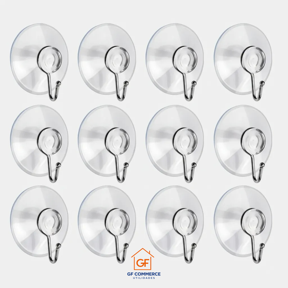kit 12 Ventosas Silicone C/  Gancho de Metal Vidro Resistente Transparente Utilidades