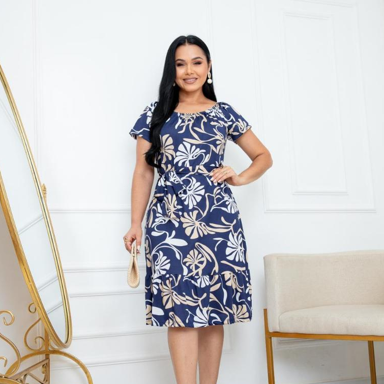 Vestido Midi Evangélico Malha Romantic Estampado Plus Size M ao EXG Com Cinto