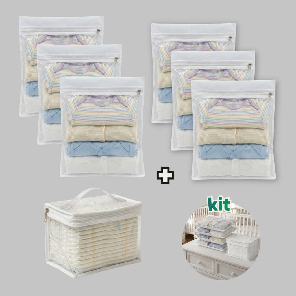 Kit 6 Saquinhos Organizador Saída Maternidade + 1 necessaire