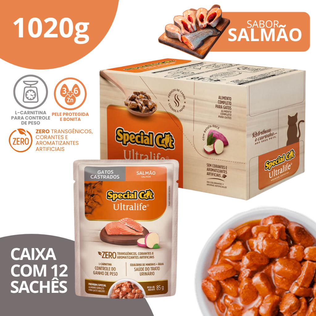 Caixa 12 Sachê Special Cat Ultralife Castrados Sabor Salmão - 85g em Oferta na Shopee
