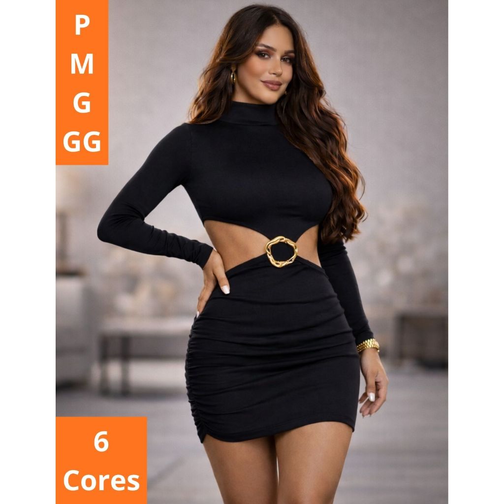 Vestido Curto com Recorte Lateral com Fivela Dourada Manga Longa Justo Gringa Blogueira P ao GG em Oferta na Shopee