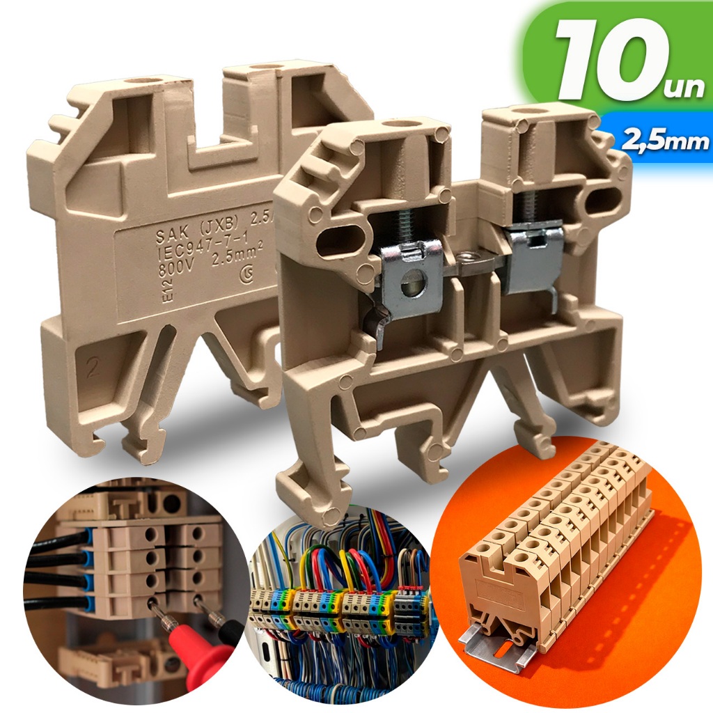 Kit 10x Conector Borne Sak 2,5mm Bege Conector Borne de Passagem Elétrico Fixação Trilho Din Atacado