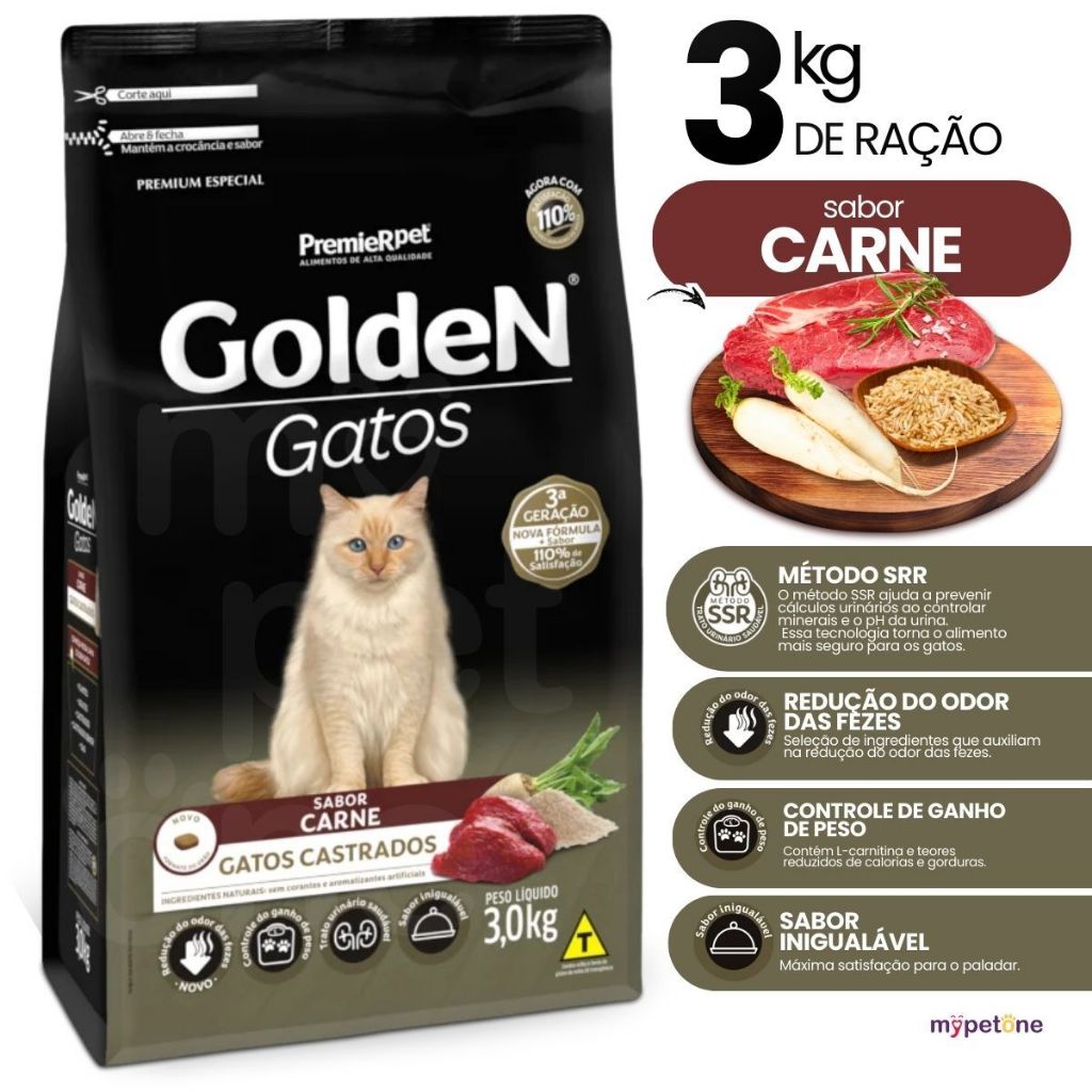 Ração Premier Pet Golden Para Gatos Castrados Sabor Carne - 3kg