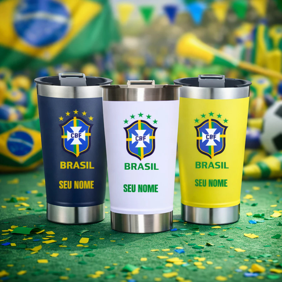 Copo Térmico Brasil PERSONALIZADO COM SEU NOME E LOGO BRASIL DTF Copa do mundo hexa - Com seu nome