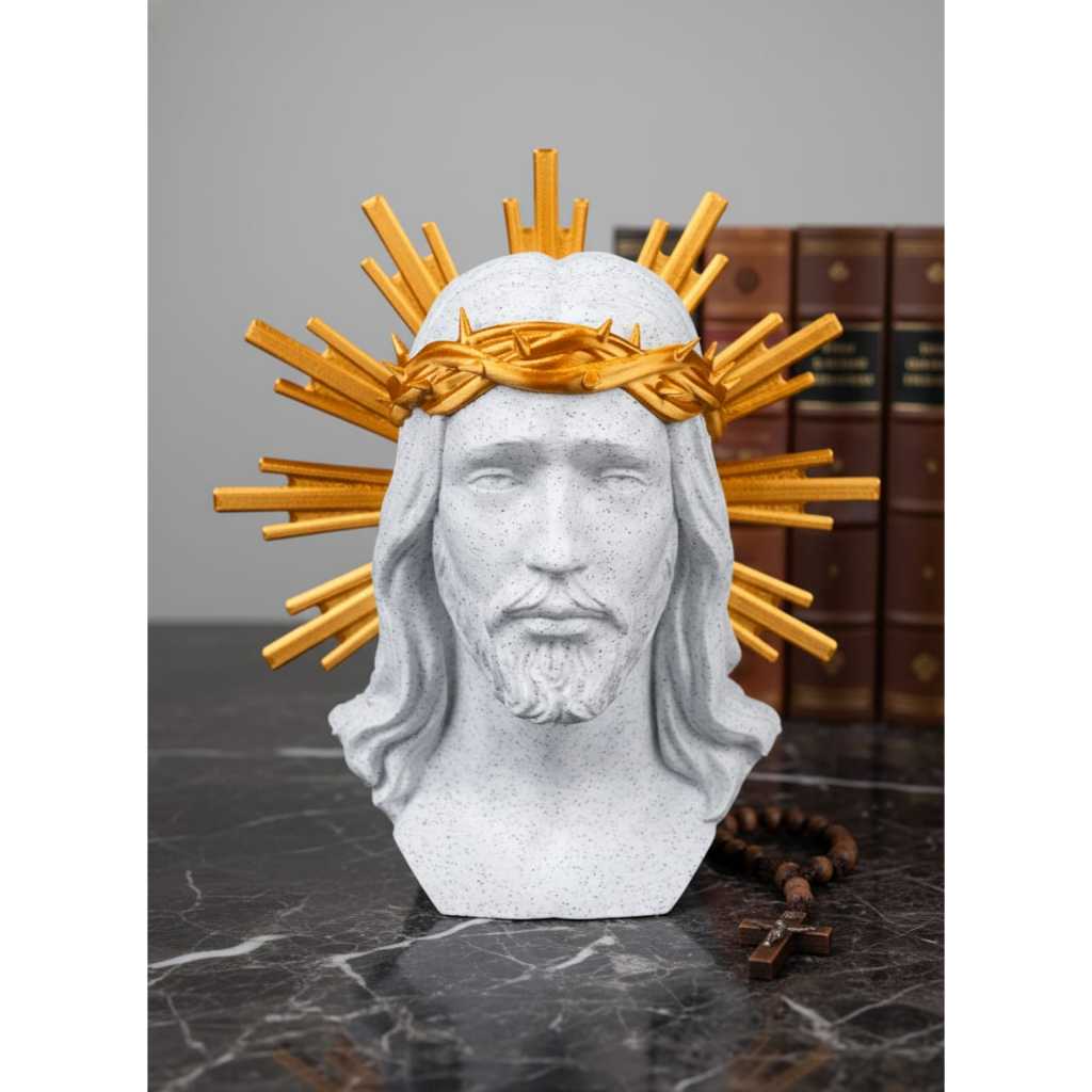 Busto de Jesus Cristo 19cm Mármore com Dourado – Escultura Religiosa Cristã Premium para Sala, Altar, Decoração