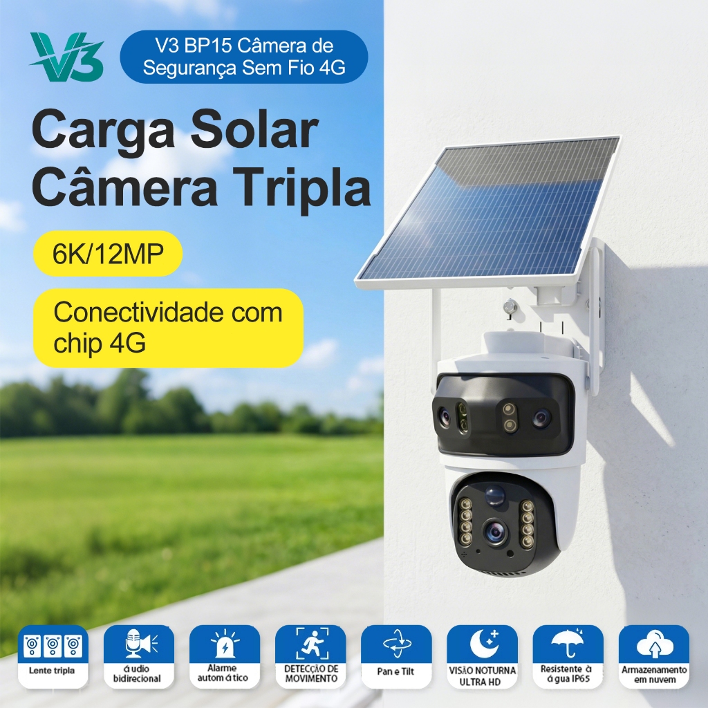V3 BP15 Câmera de Segurança Sem Fio 6K 12MP com 3 Lentes e Placa Solar Pois Câmera Segurança Externa