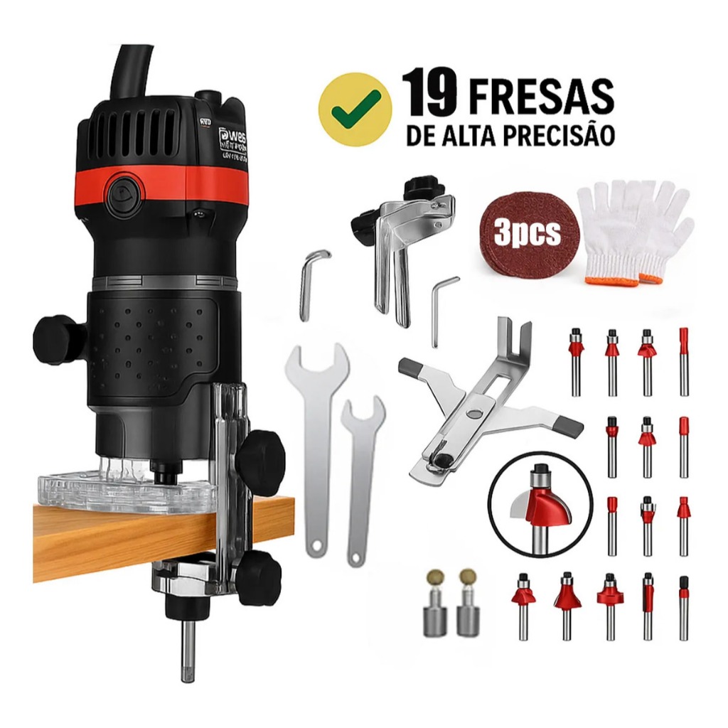 Kit Profissional Laminadora/Tupia 800W 6mm 110V/220V c/ 15 fresas 1/4", guias, escovas, luvas e lixas em Oferta na Shopee
