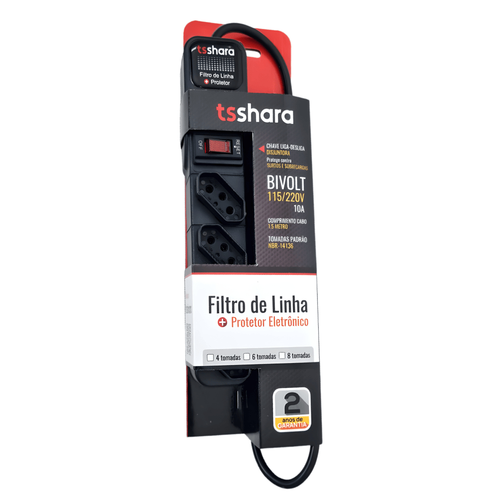 Filtro De Linha 4 Tomadas 1,5m 10a Com Protetor De Surto Preto 127/220v