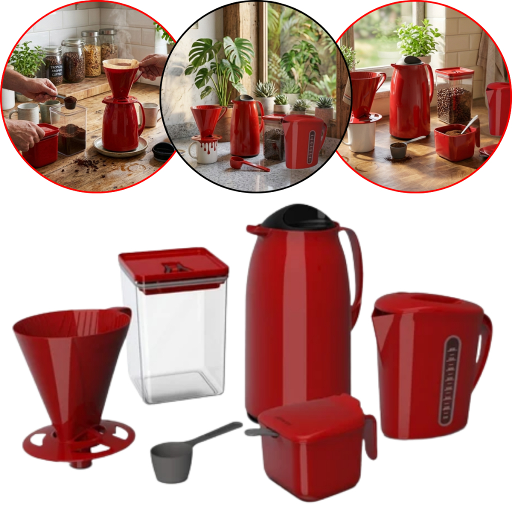 Kit Café Completo 6 Peças Unitermi Garrafa Térmica 1L Porta Café Açucareiro Leiteira Vermelho