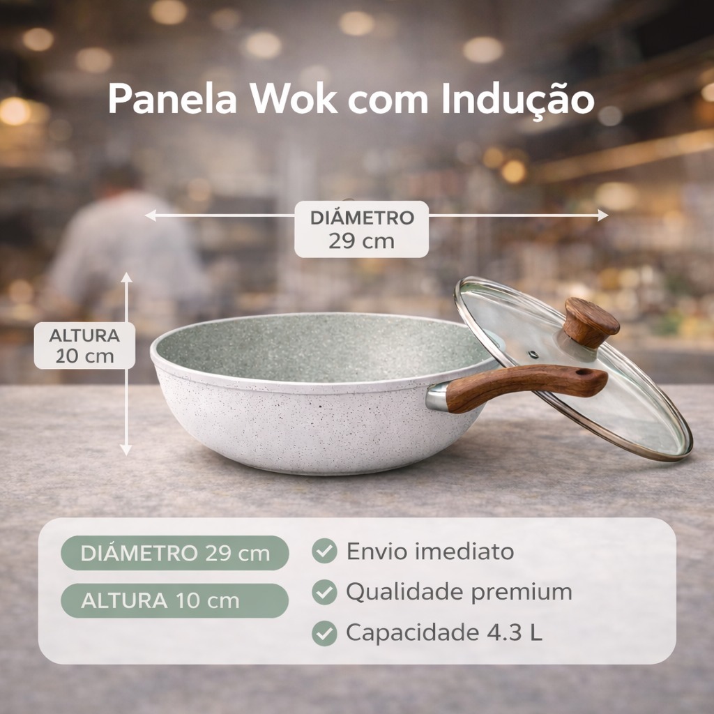 Imagem Frigideira Wok 28cm Grande Antiaderente Cerâmica Reforçada Tampa Vidro Indução Premium Profissional