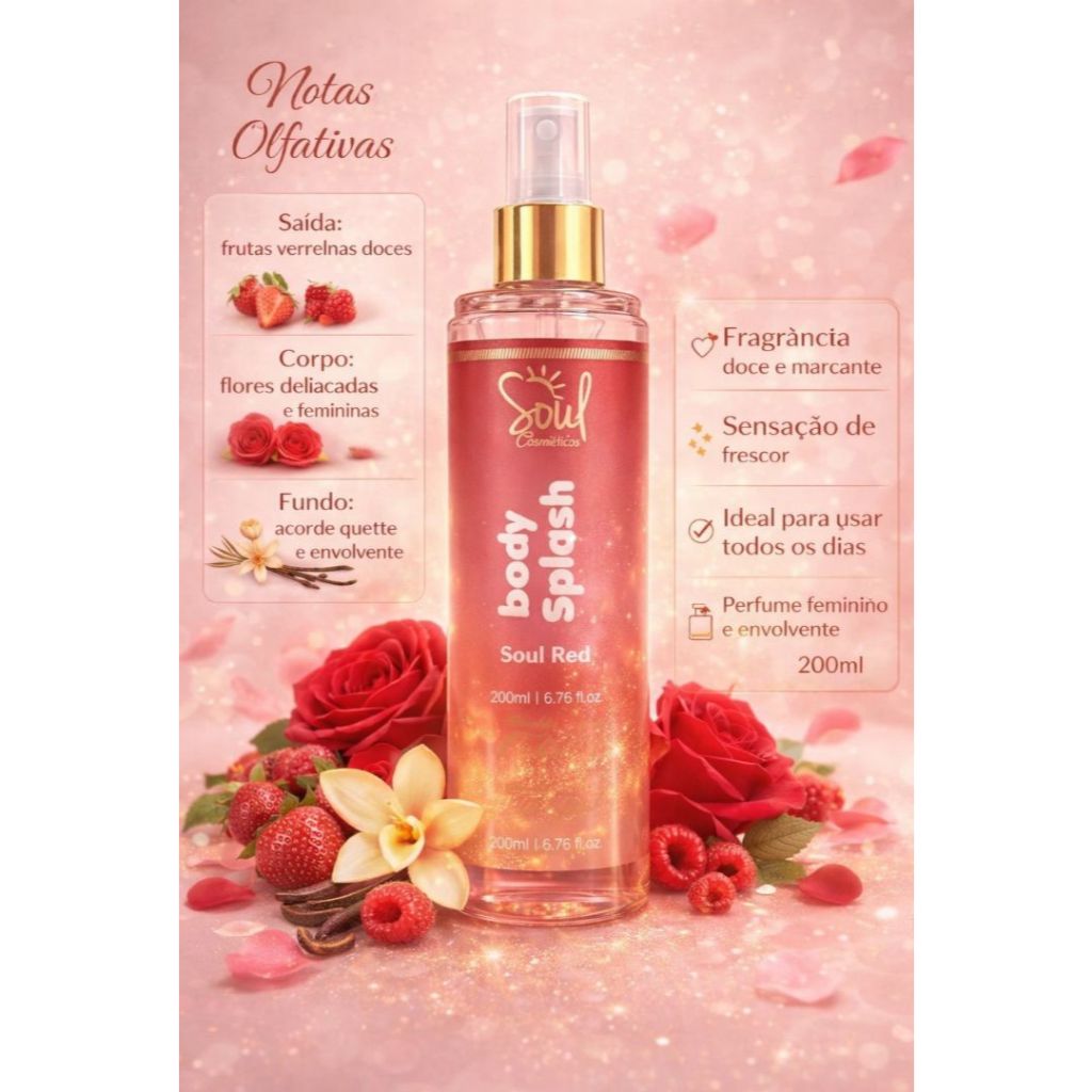 Body splash soul cosméticos paradox allibah Rouge, Red Soul, Royal Blank, Secret vanilla doce floral suave