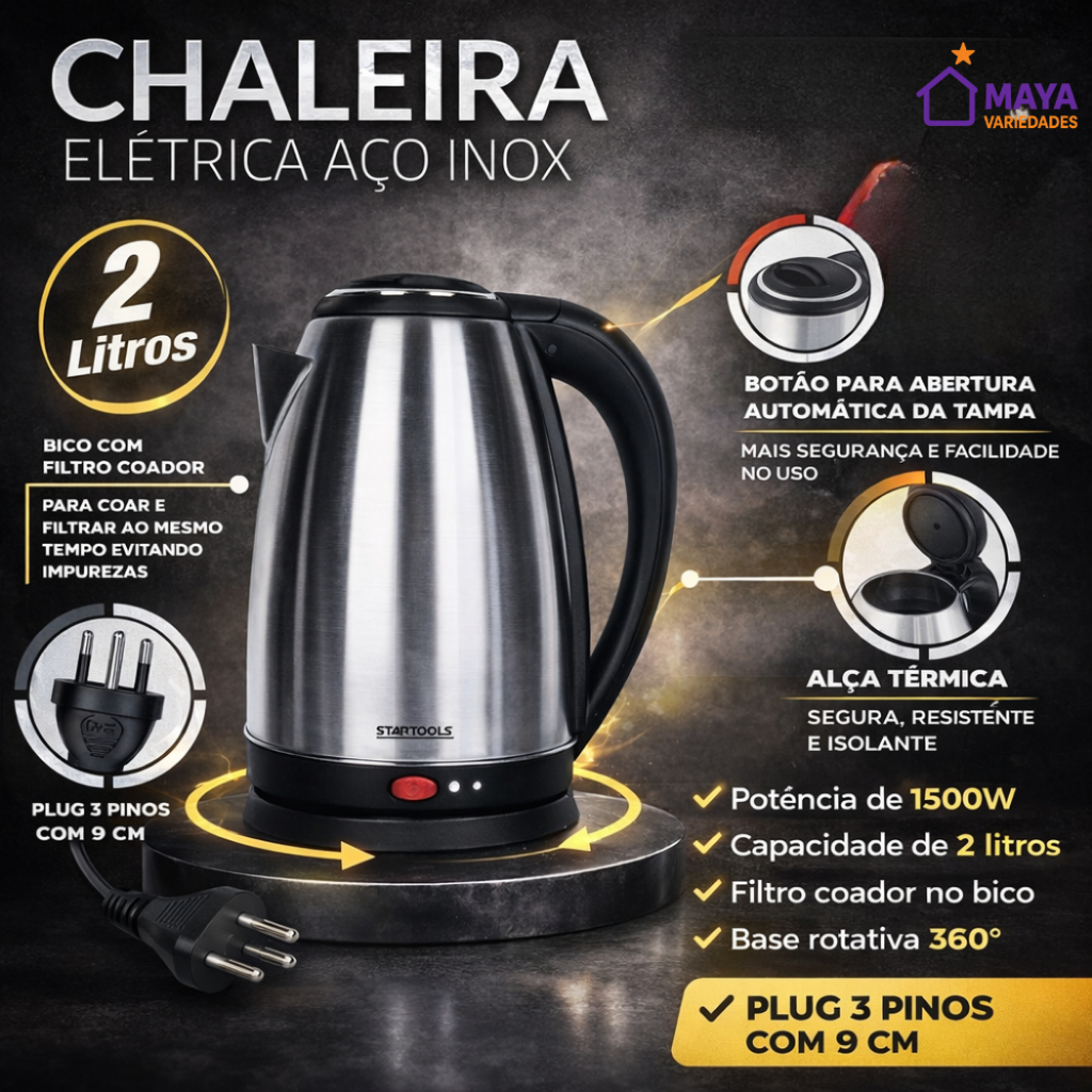 Chaleira Elétrica Inox 110V/220V Desligamento Automático Jarra Base 360° Para Água Chá Café