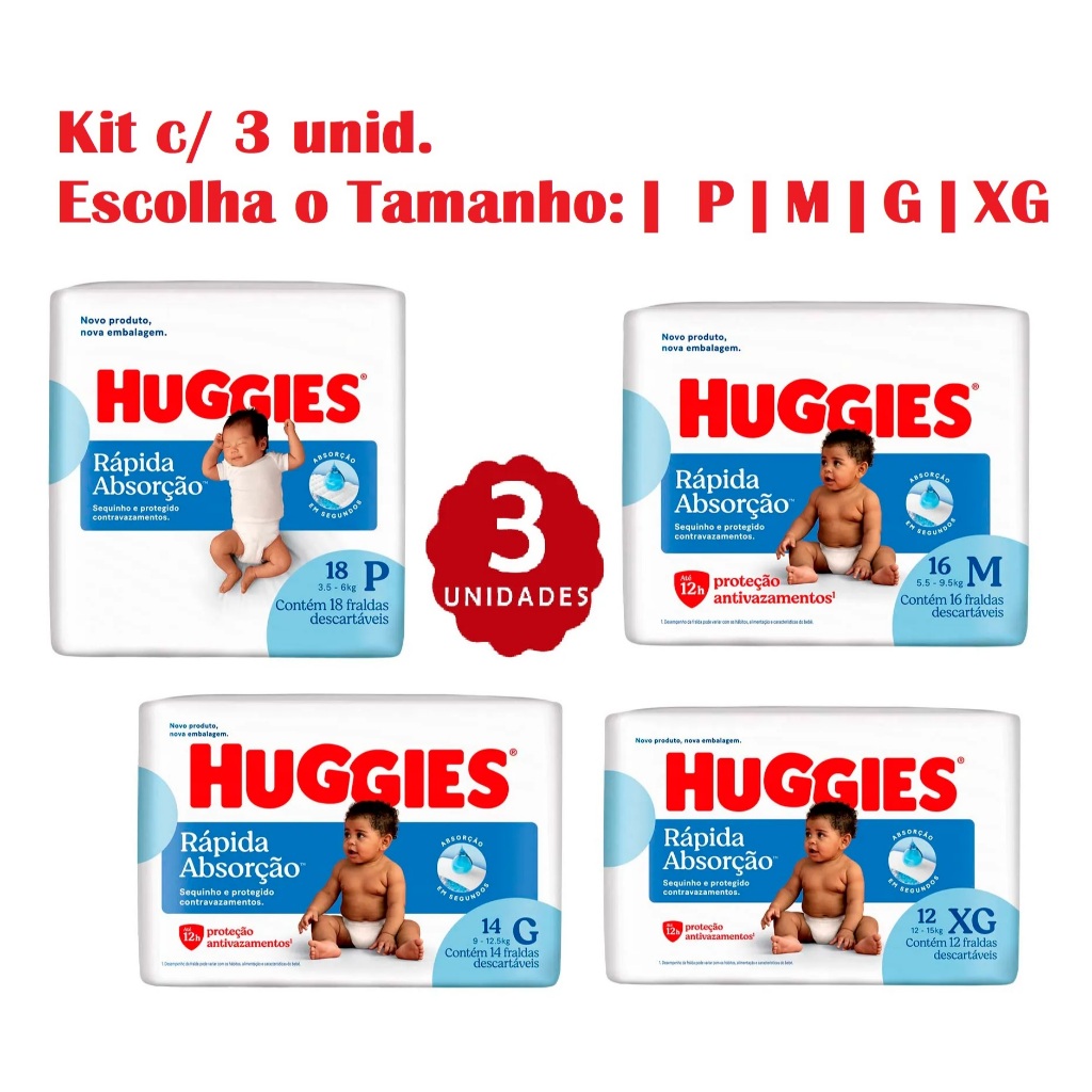Kit Fralda Descartáveis Huggies Rápida Absorção | P | M | G | XG