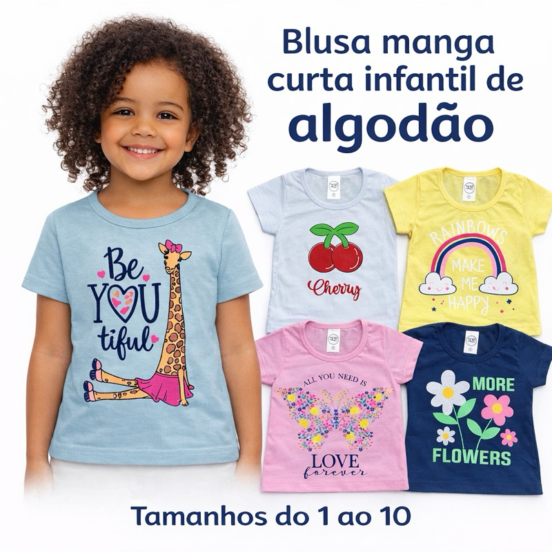 Blusas Manga Curta Infantil Menina Algodão-Kit com 3 peças-Tamanhos 1 ao 10