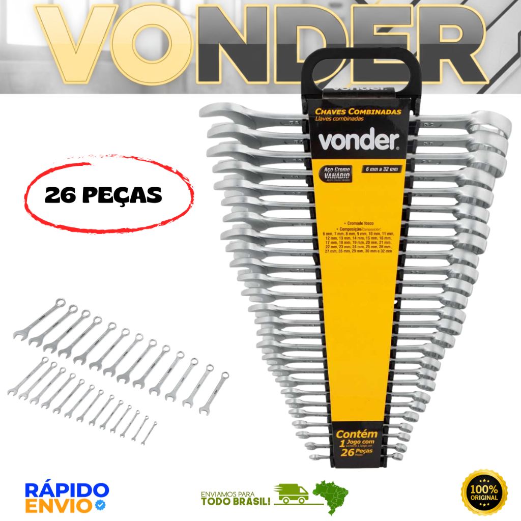 Jogo De Chaves 26 Peças Combinadas Vonder Aço Cromo Vanádio 6 a 32mm Resistente Contra Oxidação Top