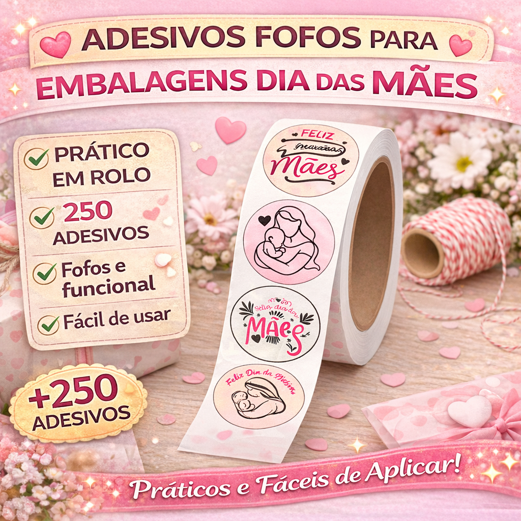 250 Adesivos Fofos | Modelo Dia das Mães | Papelaria Kawaii | 3cm