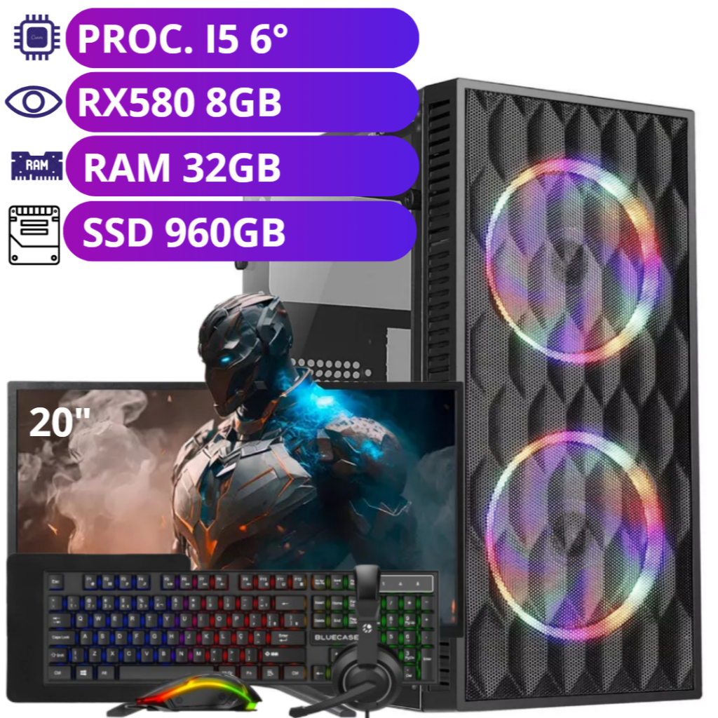Computador Intel Core i5 6Gen - 32GB - 960GB - RX580 8GB - Monitor 20"