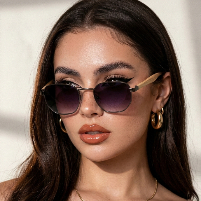 Oculos de Sol Hexagonal Premium Blogueira Classico Tendencia Grafite Degrade Madeira uv400 Feminino