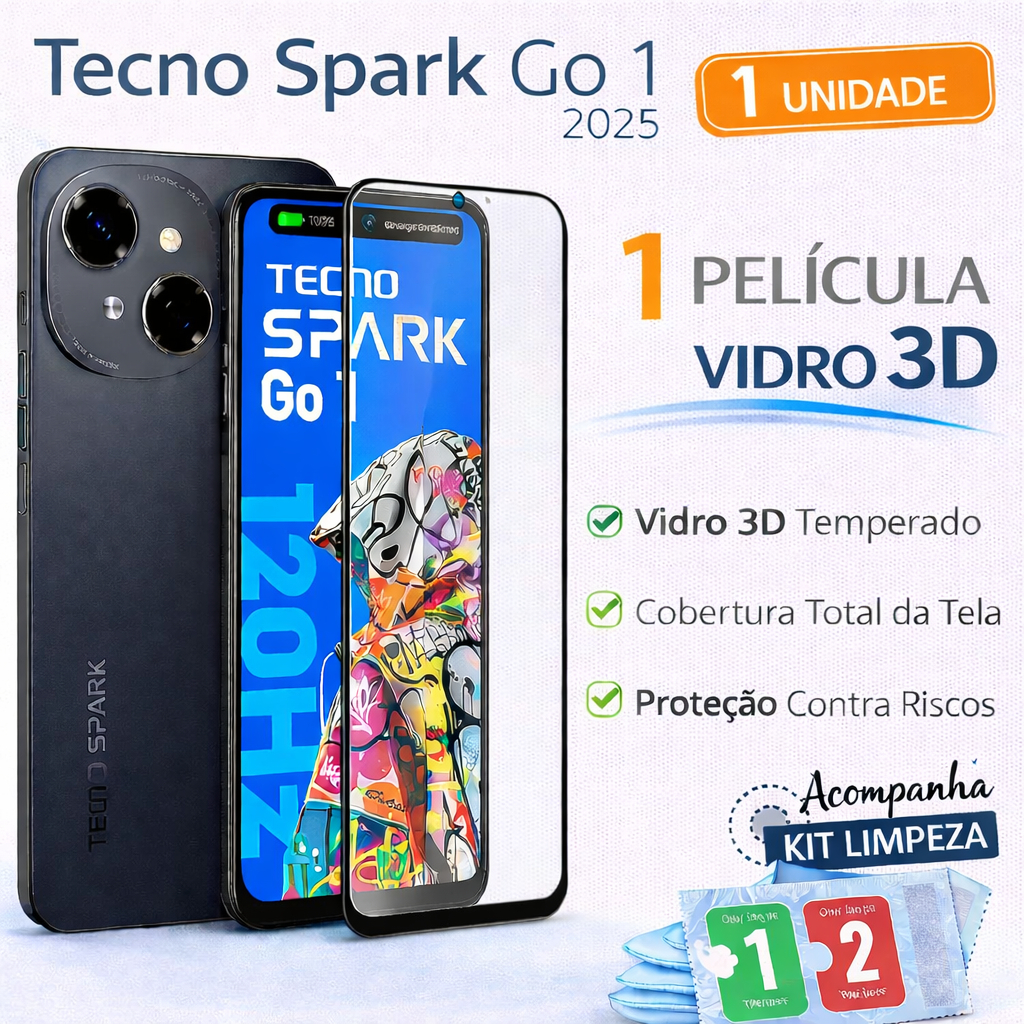 Película de Vidro 3D Para Tecno Spark Go 1 2025 Acompanha Kit Limpeza