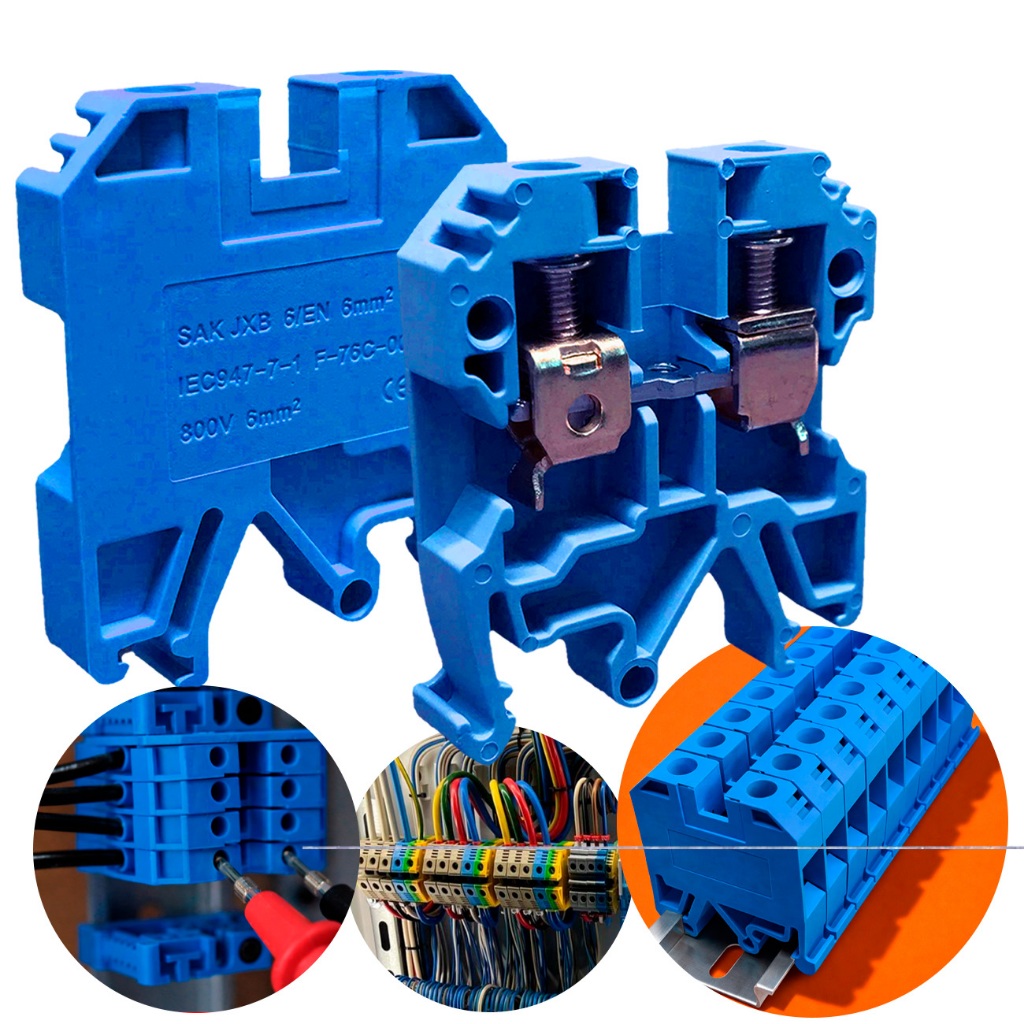 Borne Sak Neutro Conector de Passagem 6mm azul Saki Elétrico Fixação Trilho Din Conector Elétrico