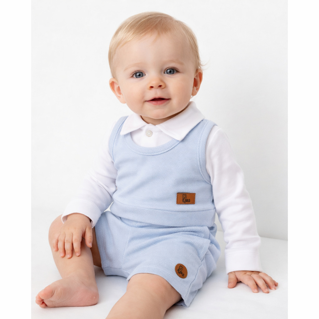 Conjunto 3 Peças Bebê Menino Body Polo Manga Longa, Colete e Short Verão