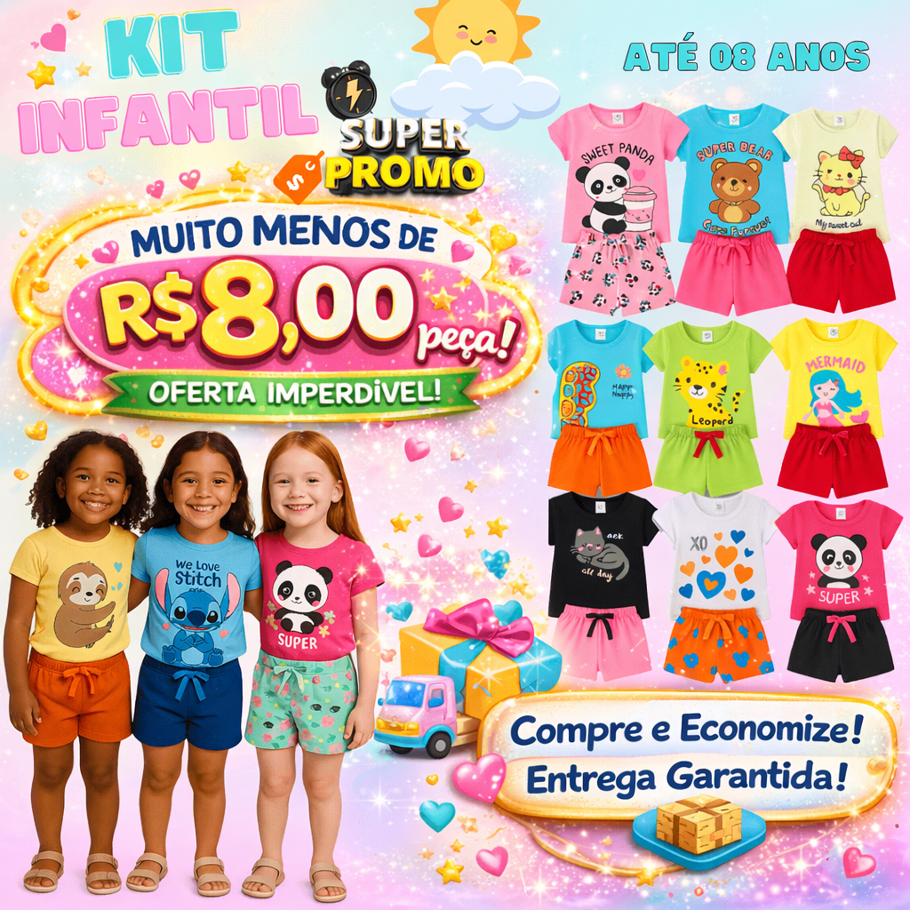 Kit até 14 peças Conjunto Infantil Menina  Camiseta Verão Estampada Algodão Roupa de Bebê Criança Stich