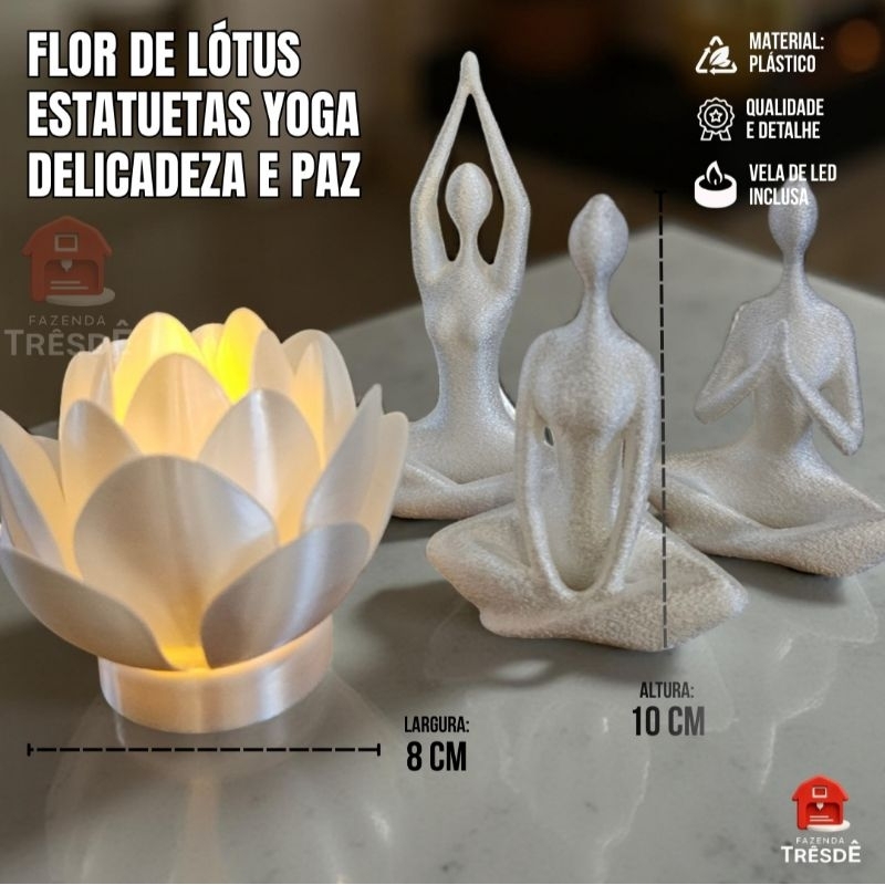 Imagem Flor de Lótus Decorativa com Estatuetas de Yoga – Enfeite Zen para Meditação e Decoração
