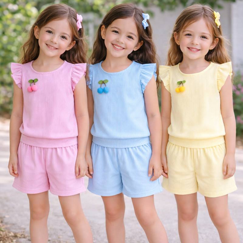 Conjunto Infantil Menina Verão Blusa + Short Canelado 1 a 10 Anos Roupa Infantil Confortável