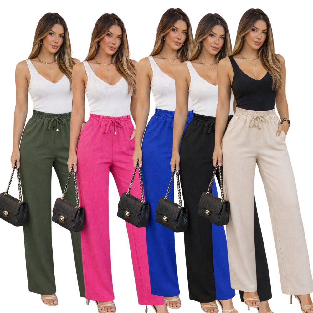 Calça Pantalona Duna Feminina Cintura Alta Social Casual Premium Com Bolso Elástico Confortável M G GG G1