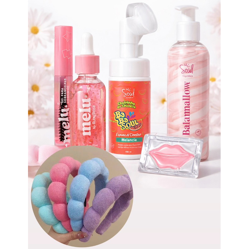 Kit Skincare Infantil Melu Melancia – Sérum + Espuma Facial + Hidratante Labial + Tiara Nuvem Presente Menina