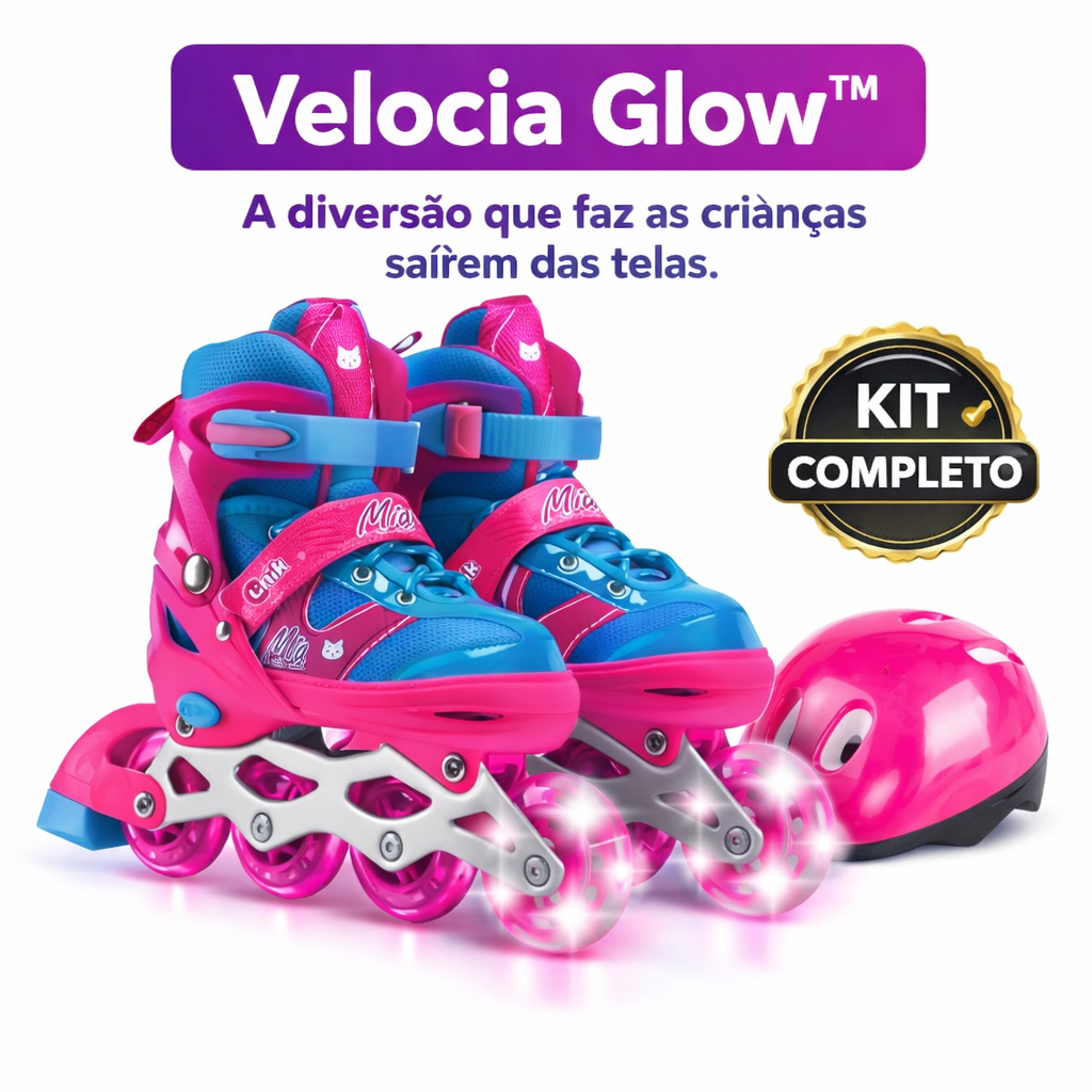 Patins Infantil Ajustável LED 4 Rodas + Capacete + Joelheira Kit Proteção 35-38