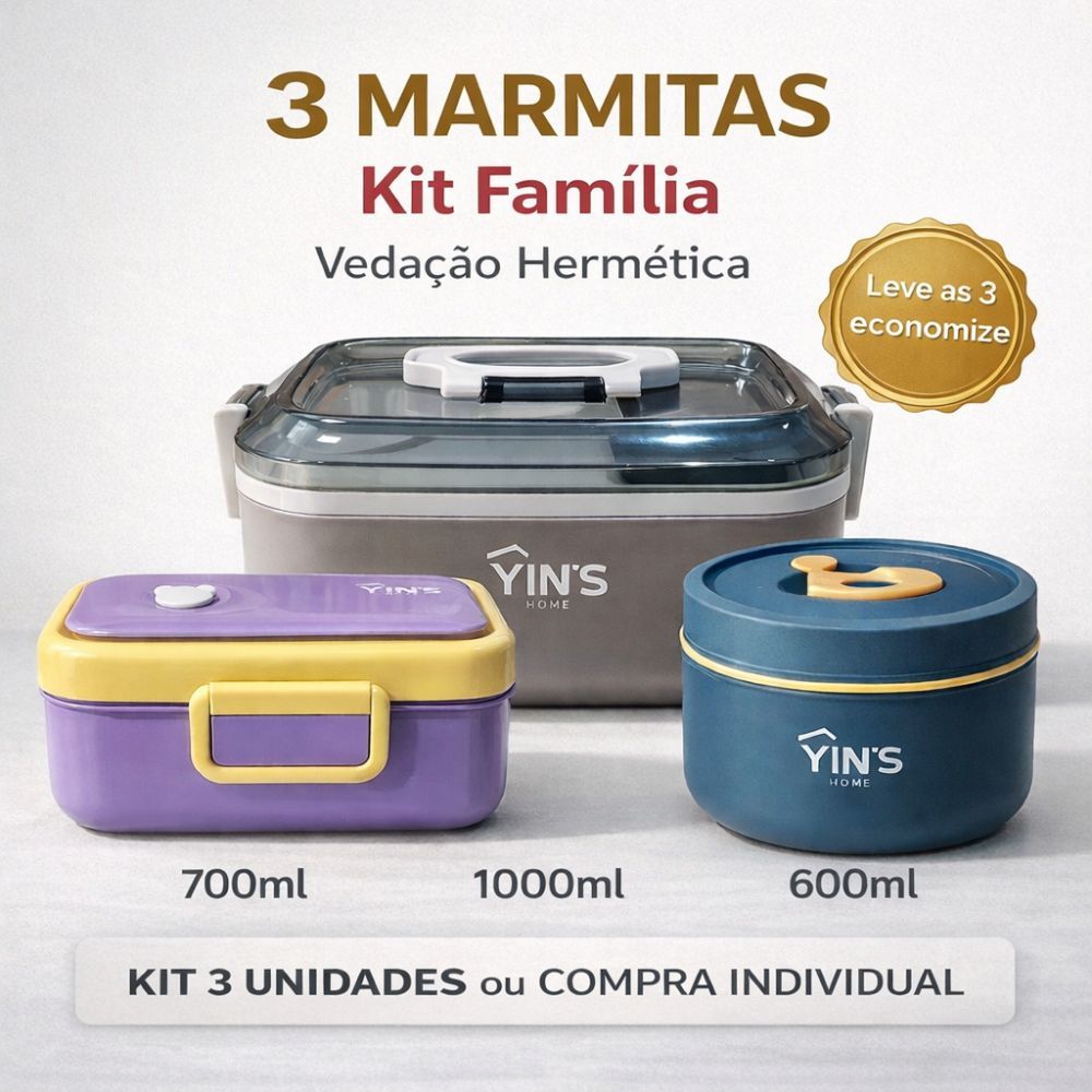 Kit 3 Marmitas Herméticas 1000ml 700ml 600ml Com Colher e Divisória | Marmita Térmica Vedada em Oferta na Shopee
