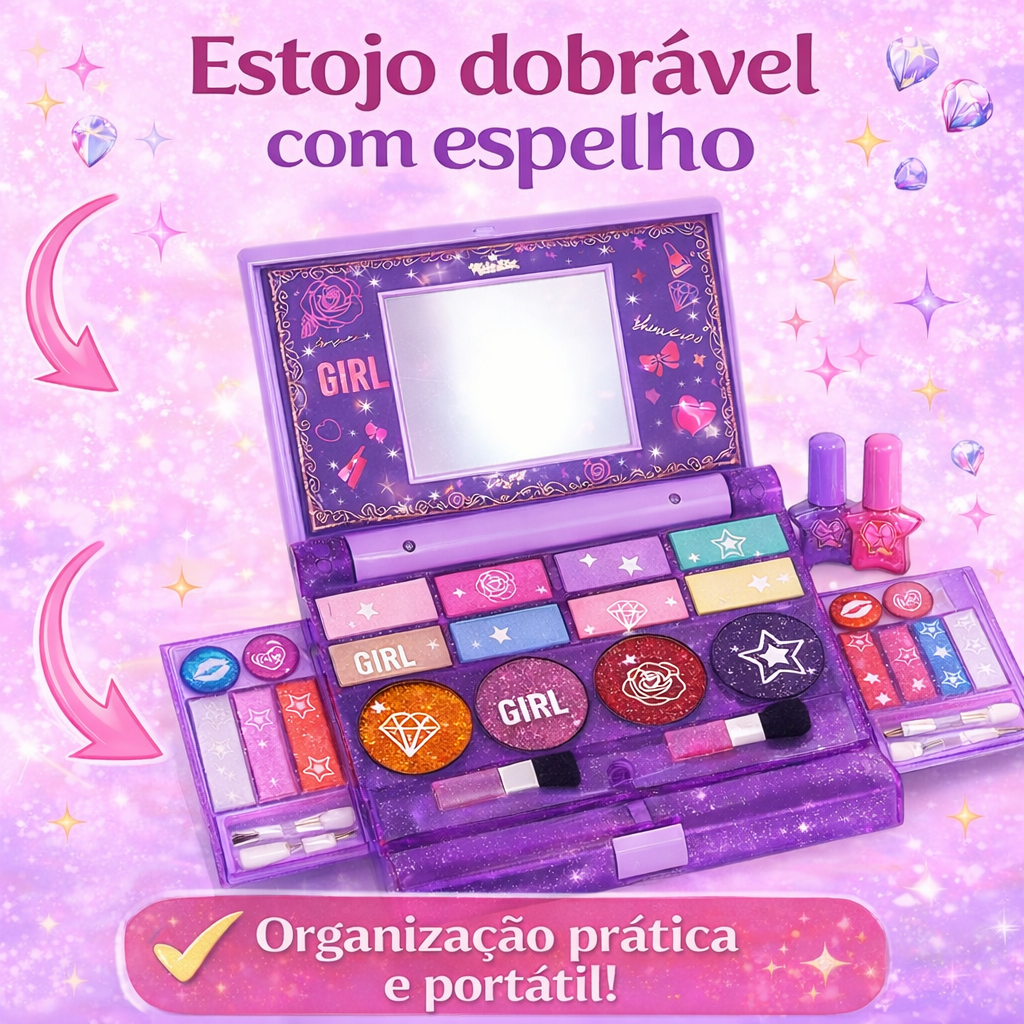 Kit 2 Maquiagem Infantil Princesa Estojo Com Espelho Unhas Postiças Brilho Labial Sombra Esmalte