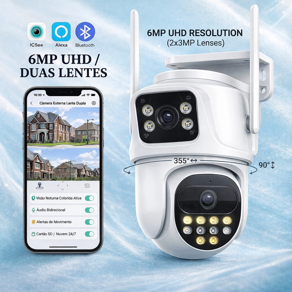 Câmera De Segurança Lente Dupla ICSEE IP66 Wi-Fi 360° Sensor Movimento Visão Noturna 2 em 1 Fixa