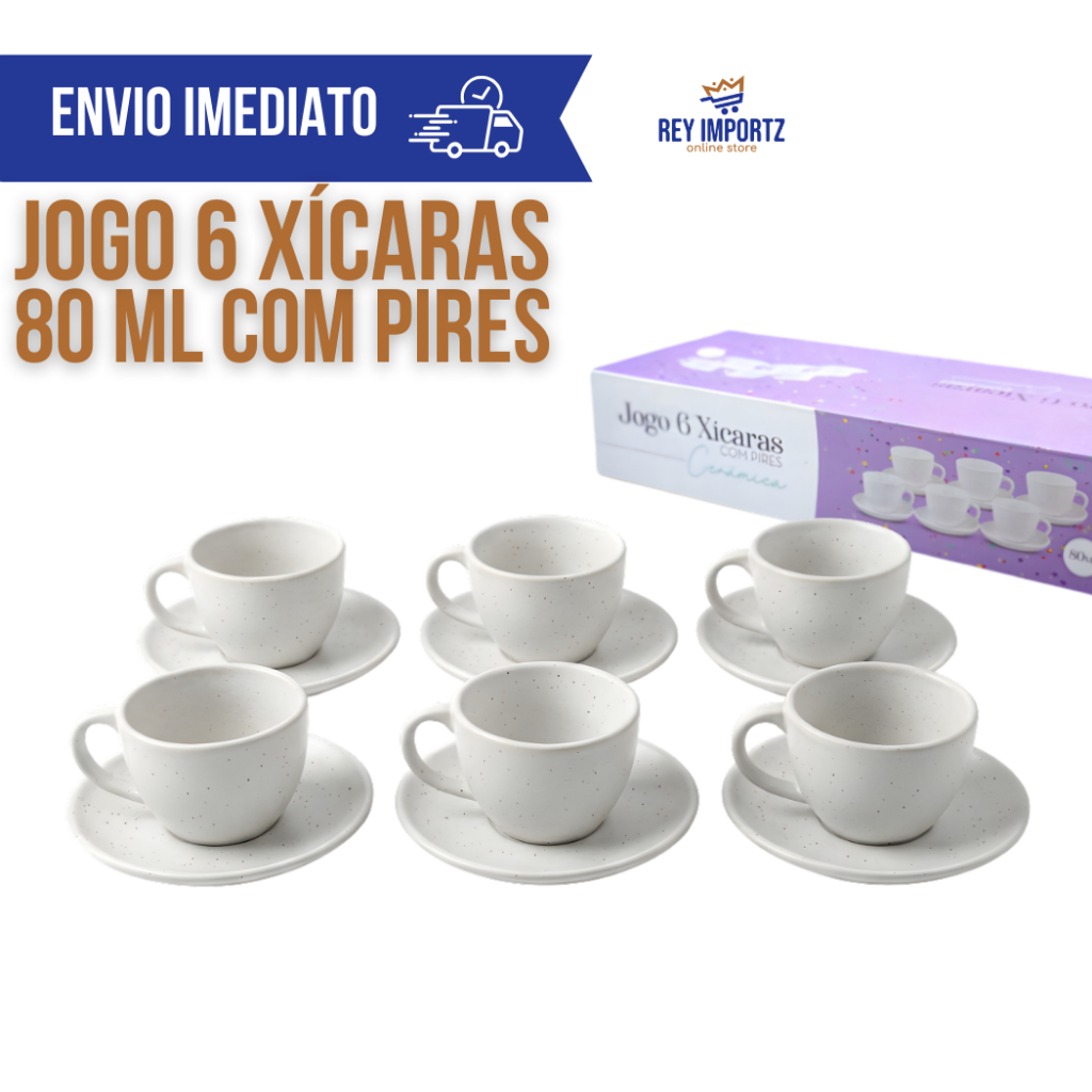 Jogo 6 Xícaras Chá Café 80ml com Pires Cerâmica Off White Moderna Mesa Posta Cappuccino Cafeteria
